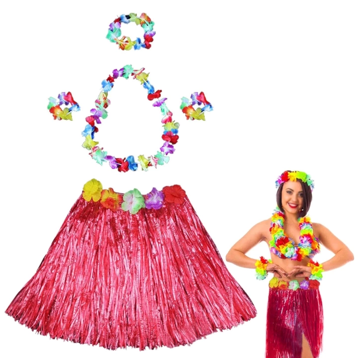 Hawaii Dans Kostümü – Kırmızı Hula Etek  Çiçek Kolye Seti