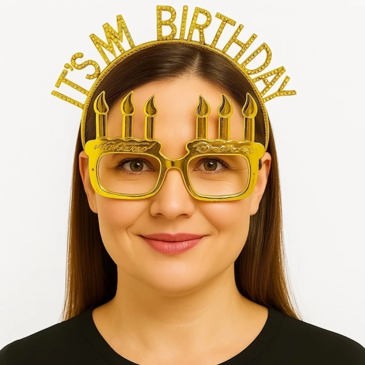 İt39s My Birthday Yazılı Taç Ve Mum Şekilli Gözlük Seti Altın Renk