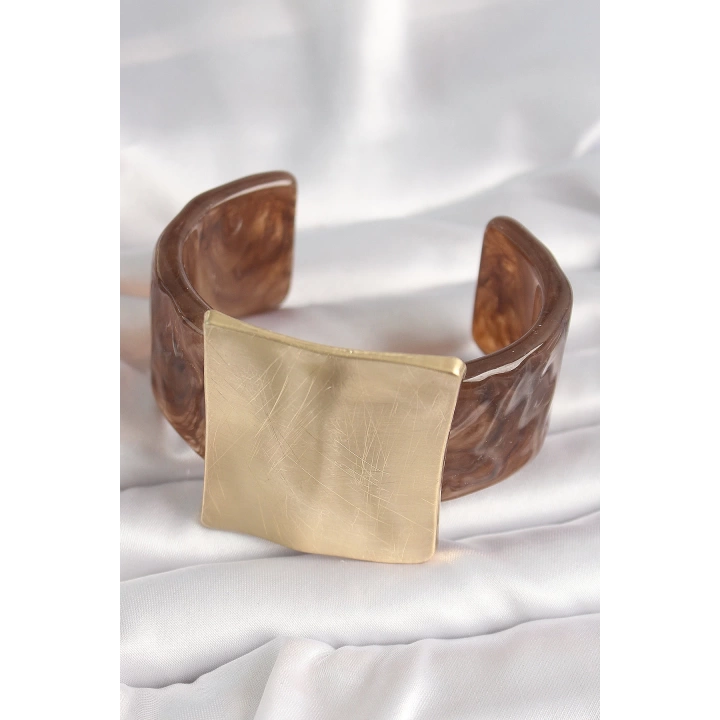 Kahverengi Mermer Desen Akrilik Plastik Gold Kare Plaka Model Vintage Kadın Bilezik - TJ-BB6682