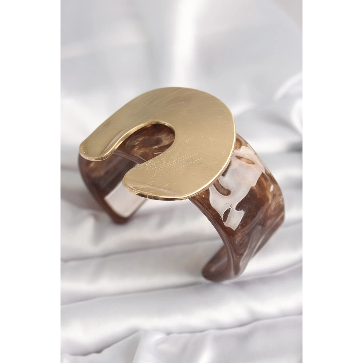 Kahverengi Mermer Desen Akrilik Plastik Gold Nal Model Plaka Vintage Kadın Bilezik - TJ-BB6678