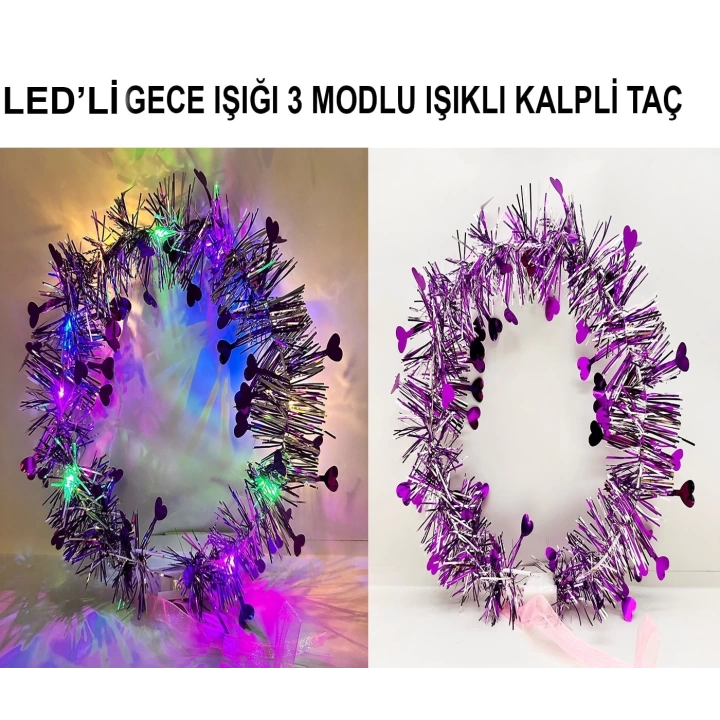 Kalp Püsküllü Gece Parıltısı 3 Modlu Led39li Işıklı Taç Mor Renk