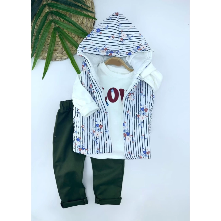 3-4-5-6 Yaş Kapşonlu Fermuarlı Çiçekli Şişme Yelek Sweat Pantolonlu 3lü Kız Erkek Çocuk Takımı Mavi