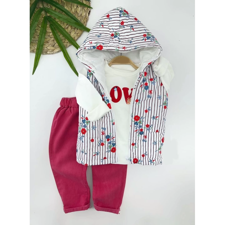 3-4-5-6 Yaş Kapşonlu Fermuarlı Çiçekli Şişme Yelek Sweat Pantolonlu 3lü Kız Erkek Çocuk Takımı Pembe