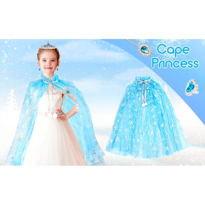 Karlar Ülkesi Elsa Frozen Mavi Pelerin – 80 Cm Kar Desenli Çocuk Pelerini ( Taç Hariç )