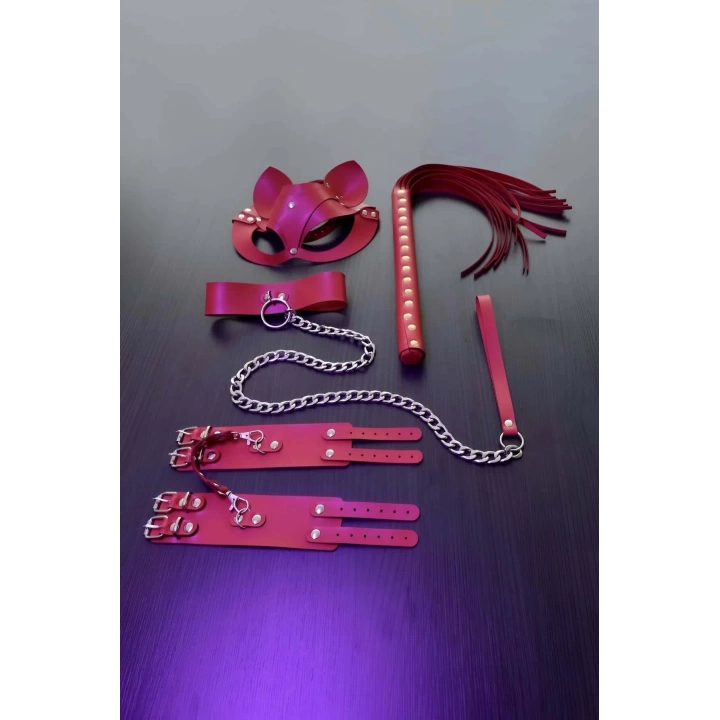 Kırmızı Fantezi Set, Kırbaç - Kelepçe - Tasma - Maske Takım - Brf1246