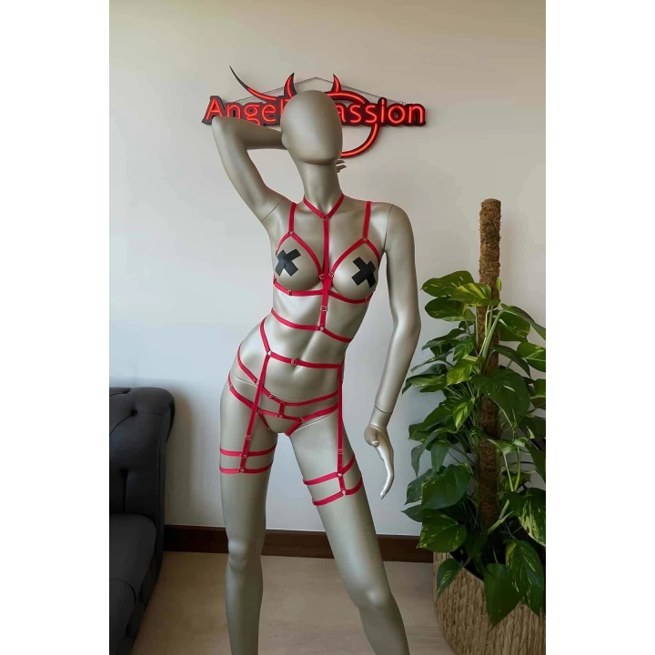 Kırmızı Lastik Seksi Body Harness Takım