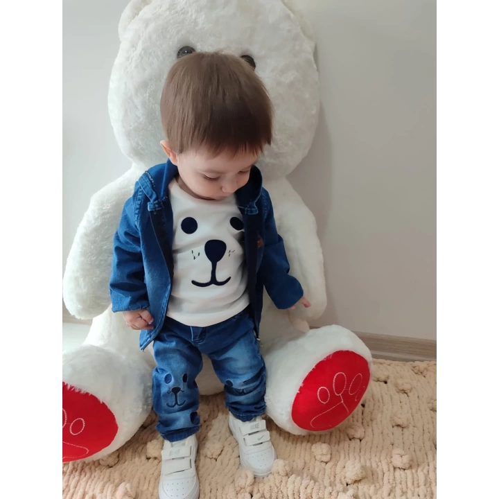9-12-18-24 Ay Kot Kumaş Kapşonlu Uzun Kol Sweatli Kot Kumaş 3lü Erkek Bebek Takımı Mavi