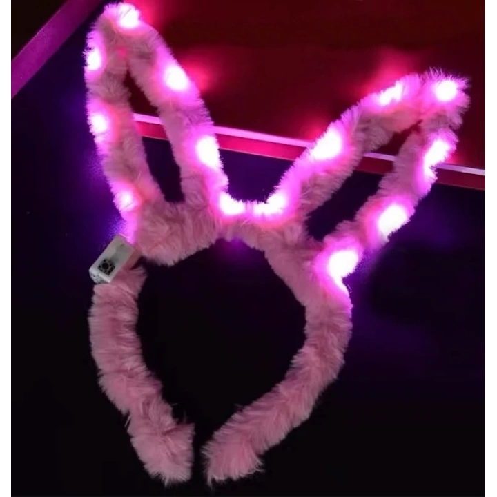 Led Işıklı Peluş Pofuduk Tavşan Kulak Tavşan Taç Pembe 17x23 Cm