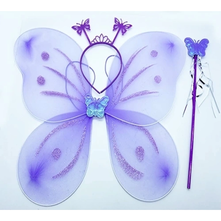 Lila Mor Kelebek Kız Seti – 50 Cm Kelebek Kanadı, Taç Ve Asa