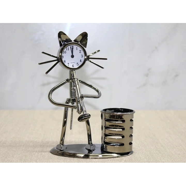 Metal Saksafon Çalan Kedi Müzisyen Saat Ve Kalemlik Alk4346