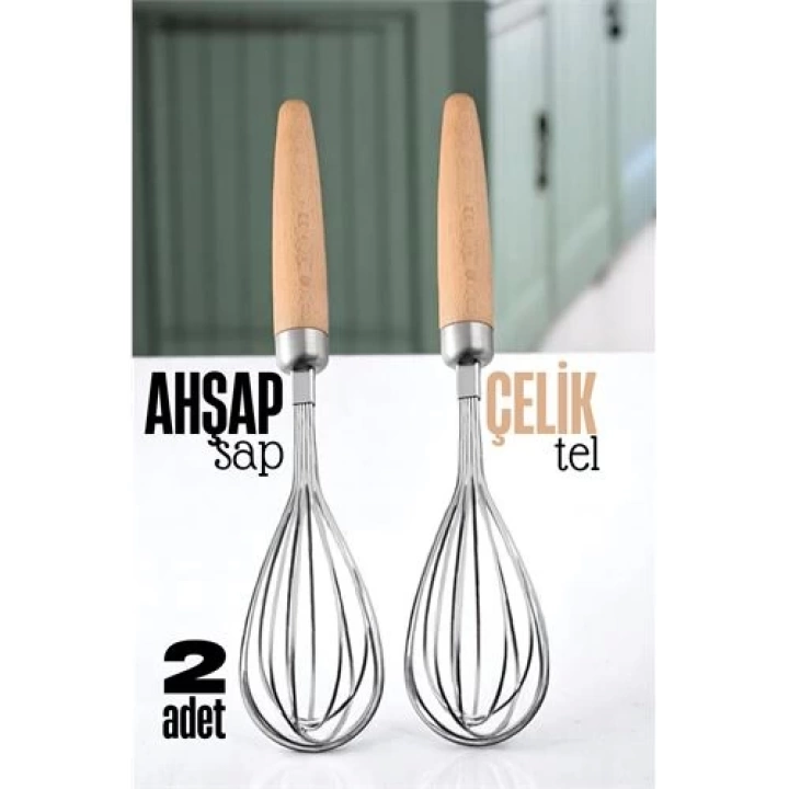 DKTT Ahşap Saplı Çelik Çırpıcı - Yumurta ve Sos Çırpıcı, Mutfak Çırpıcısı, Çırpma Teli