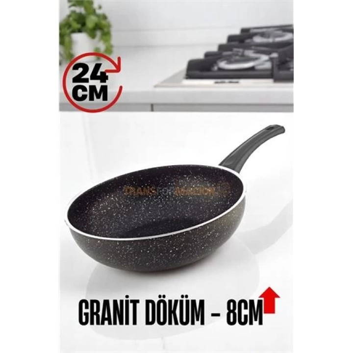DKTT Granit Döküm 8 Cm Derin Wok Tava - Yapışmaz Wok Tava - 24 Cm
