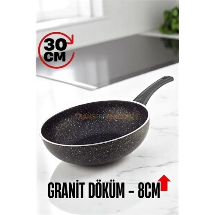 DKTT Granit Döküm 8 Cm Derin Wok Tava - Yapışmaz Wok Tava -  30 Cm