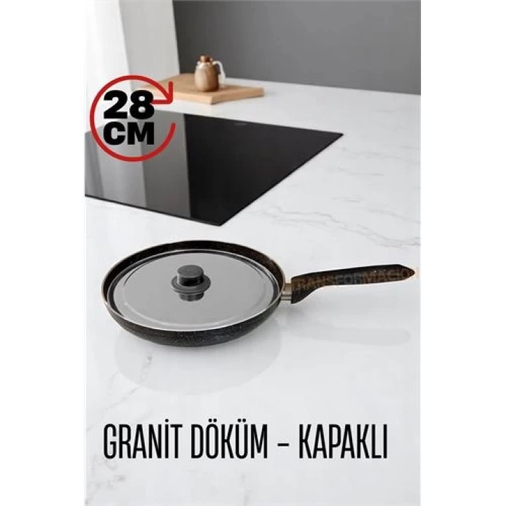 DKTT Granit Döküm Tava Paslanmaz Çelik Kapaklı -Yapışmaz Taban 28 Cm