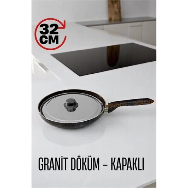 DKTT Granit Döküm Tava Paslanmaz Çelik Kapaklı -Yapışmaz Taban 32 Cm