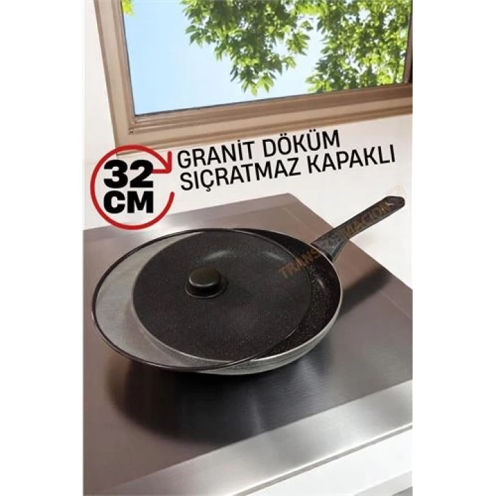 DKTT Granit Döküm Tava Yağ Sıçratmaz Kapaklı -Yapışmaz Taban 32 Cm