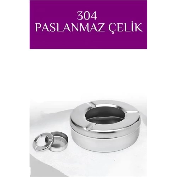 DKTT Kapaklı Paslanmaz Yuvarlak Küllük - Kapaklı 304 Çelik Kül Tablası - Kafe Küllüğü Restoran Küllüğü