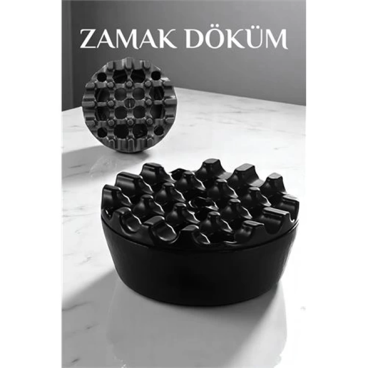 DKTT Kapaklı Zamak Döküm Yuvarlak Küllük Metal Kül Tablası - Kafe Küllüğü SİYAH