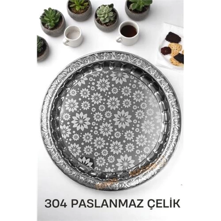 DKTT Servis Tepsisi - Çelik Çay Tepsisi  Şık Desenli Tepsi 36 CM