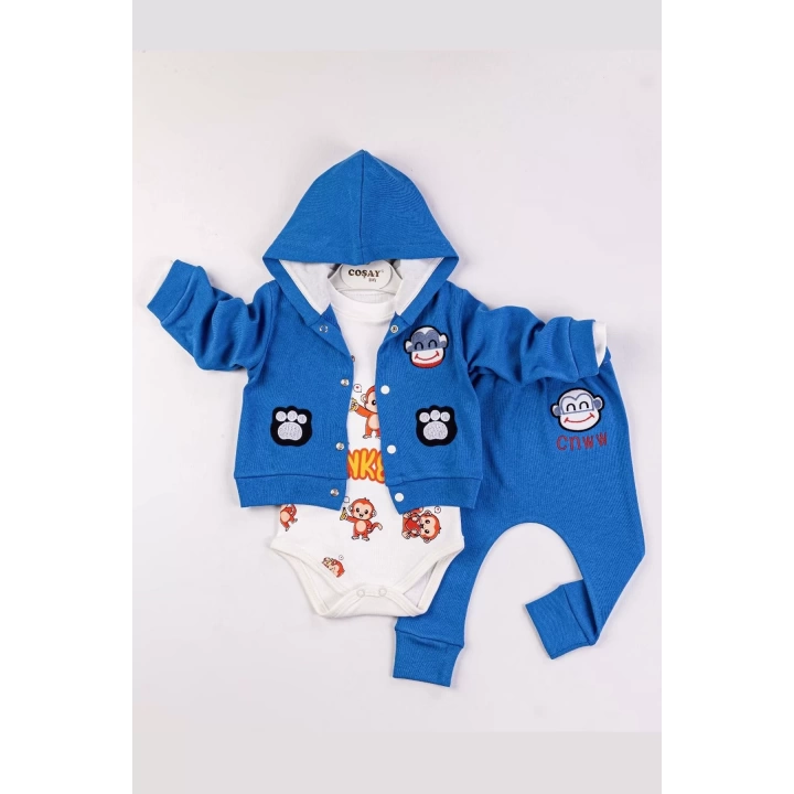 Monkey Nakışlı Kapişonlu Erkek Bebek Takım