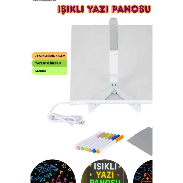 Neon Işıklı 7 Renk Işık Boyama Kalemli Led Resim Panosu Boyama Tahtası Kalemleri 20 X 20