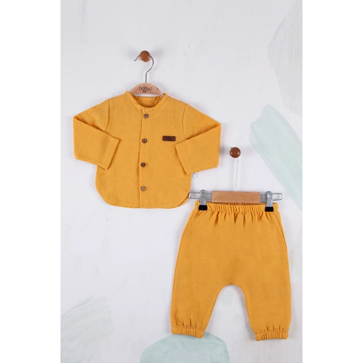 Oval Kesim 5 Düğmeli Müslin Kumaş 2li Erkek Bebek Takımı