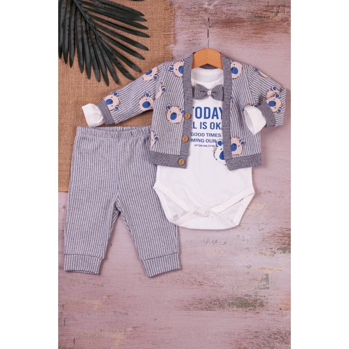 Papyonlu Bear Çizgili Model Ceketli 3lü Erkek Bebek Takımı