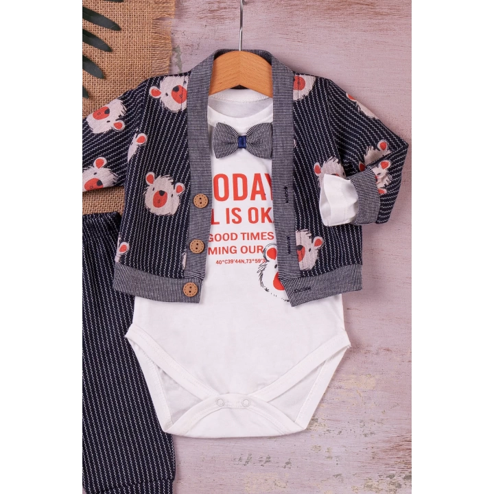 Papyonlu Bear Çizgili Model Ceketli 3lü Erkek Bebek Takımı
