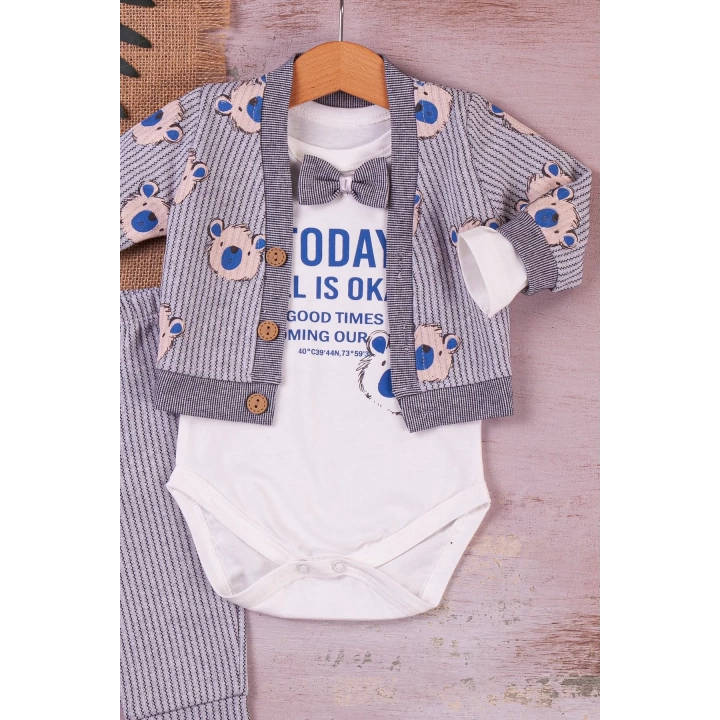 Papyonlu Bear Çizgili Model Ceketli 3lü Erkek Bebek Takımı