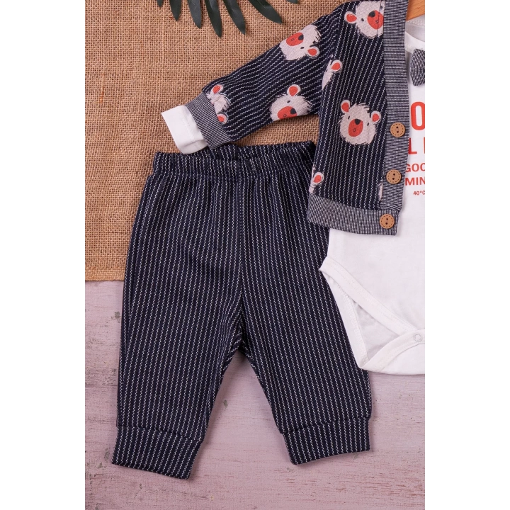 Papyonlu Bear Çizgili Model Ceketli 3lü Erkek Bebek Takımı