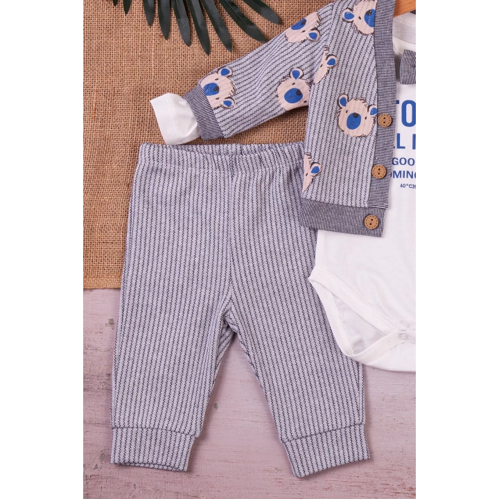Papyonlu Bear Çizgili Model Ceketli 3lü Erkek Bebek Takımı