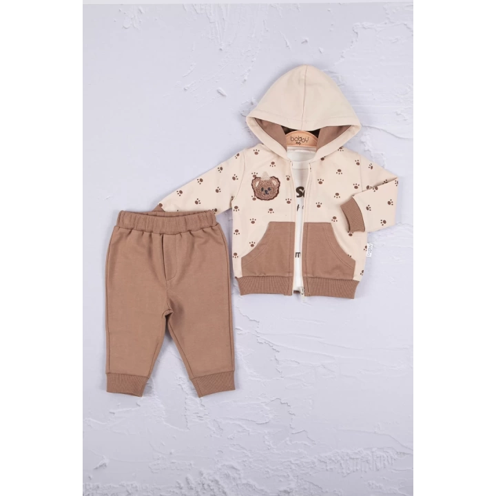 Persona Bear Nakışlı % 100 Pamuk 3li Erkek Bebek Takım