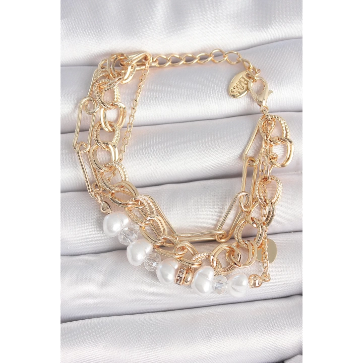 Pirinç Gold Renk Çoklu Zincir Model İncilli Zirkon Taş Detay Kadın Bileklik - TJ-BB6960