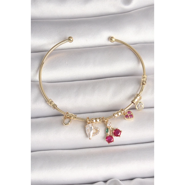 Pirinç Gold Renk Sallantı Kırmızı Zirkon Taşlı Kiraz Figür Charm Kadın Bileklik - TJ-BB6890