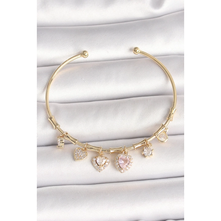 Pirinç Gold Renk Sallantı Pembe Zirkon Taşlı Kalp Figür Charm Kadın Bileklik - TJ-BB6888