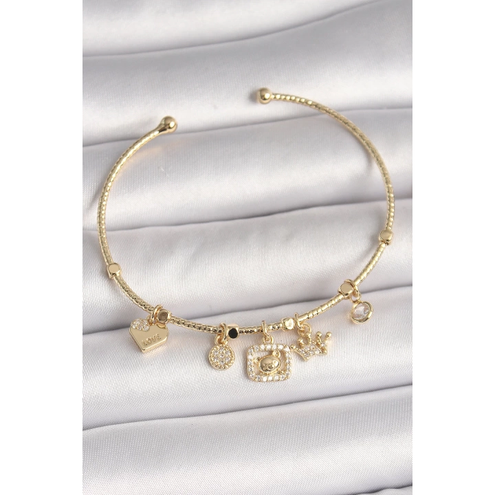 Pirinç Gold Renk Sallantı Zirkon Taşlı Ayıcık Figür Taç Detay Charm Kadın Bileklik - TJ-BB6928