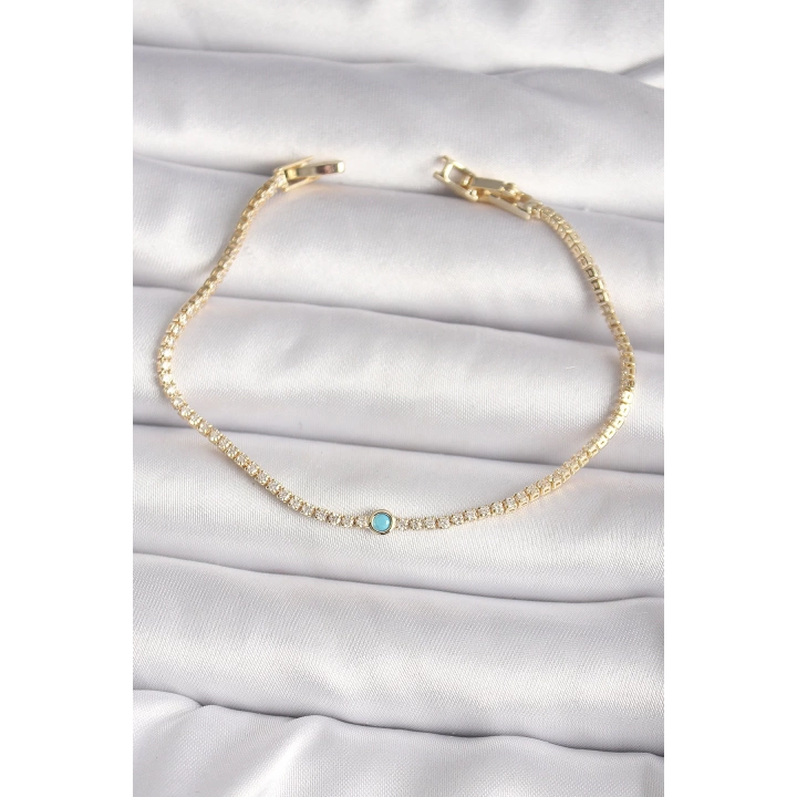 Pirinç Gold Renk Su Yolu Zirkon Taşlı Mavi Taşlı Kadın Bileklik - TJ-BB6617