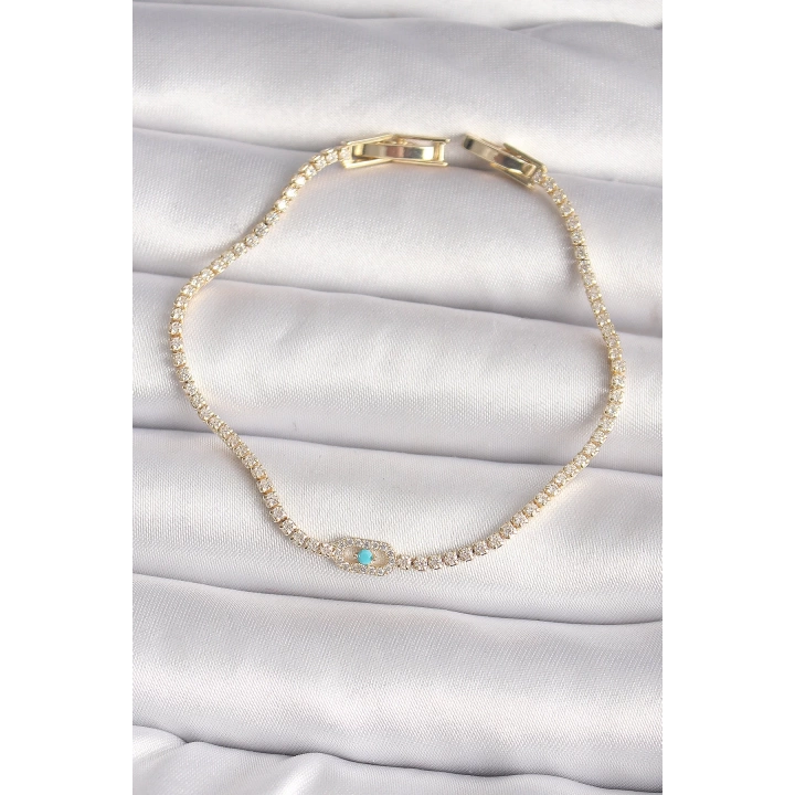 Pirinç Gold Renk Su Yolu Zirkon Taşlı Mavi Taşlı Messika Model Kadın Bileklik - TJ-BB6625