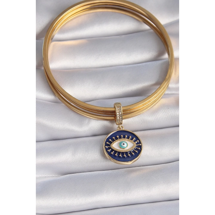 Pirinç Gold Renk Zirkon Taşlı Nazar Boncuk Detaylı Göz İşlemeli Ajda Charm - TJ-BC1007