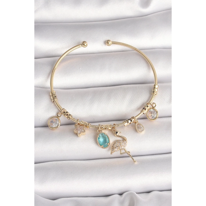 Pirinç Gold Renk Zirkon Taşlı Sallantı Filamingo Figür Charm Kadın Bileklik - TJ-BB6885