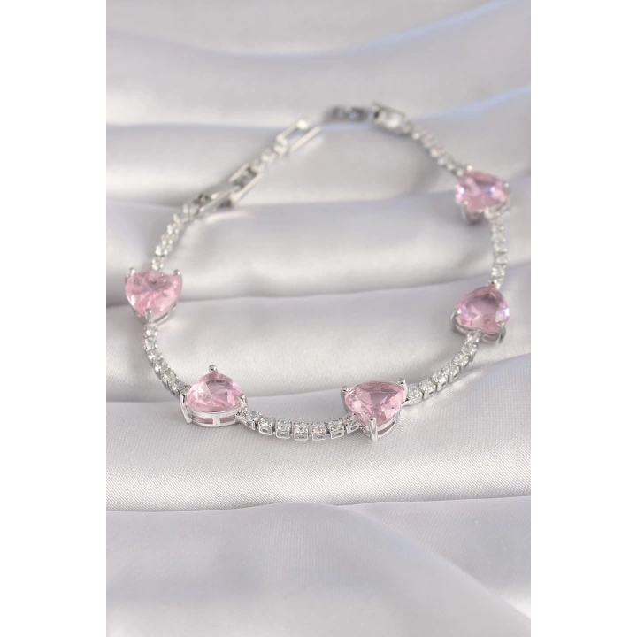Pirinç Gümüş Renk Pembe Zirkon Taşlı Kalp Model VIP Seri Kadın Bileklik - TJ-BB5982