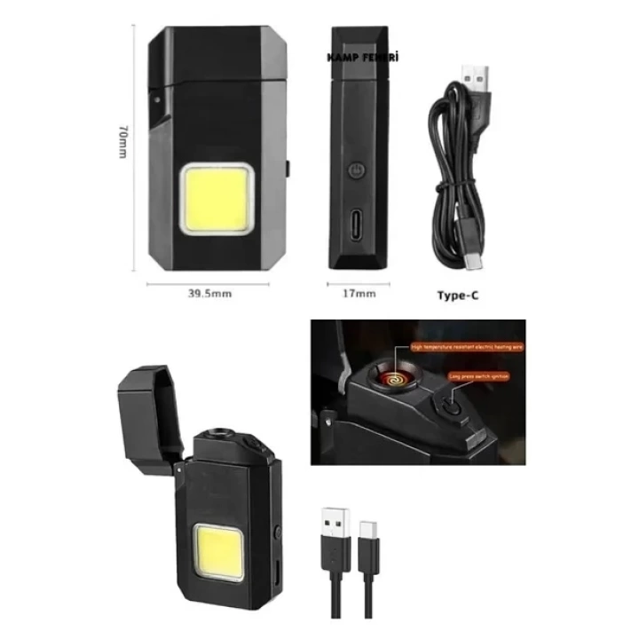 Projektör El Feneri Ve Pürmüz Çakmak Usb Gazsız Şarjlı Çakmak 600 Lümen