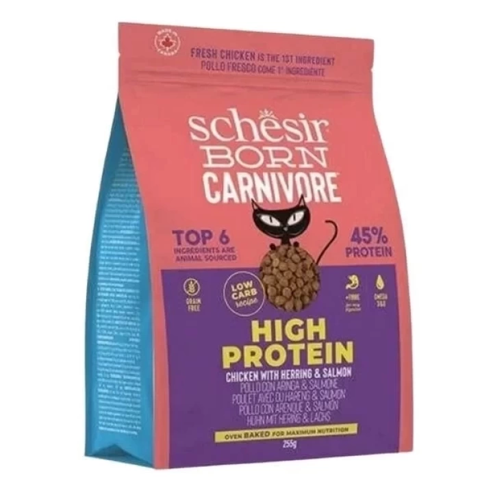 Schesir Born Carnivore Tavuklu Somonlu ve Ringa Balıklı Yetişkin Kedi Maması 255 Gr