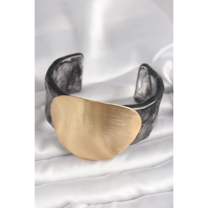Siyah Mermer Desen Akrilik Plastik Gold Daire Plaka Model Vintage Kadın Bilezik - TJ-BB6679