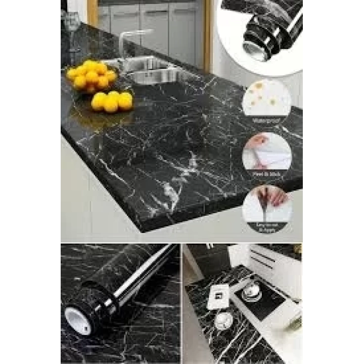 Siyah Mermer Desenli Yapışkanlı Tezgah Folyosu (3 Mt.x 60 Cm)