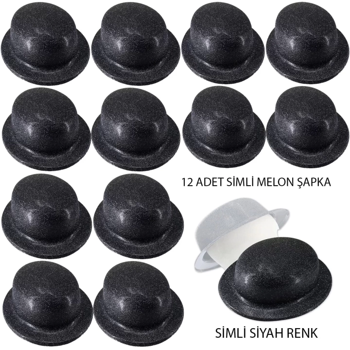 Siyah Renk Simli Melon Yulak Parti Şapkası 12 Adet