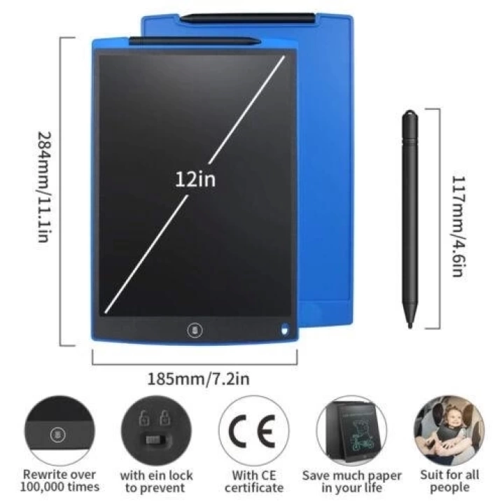 T12 Siyah Writing Tablet Lcd 12 Inç Dijital Kalemli Çizim Yazı Tahtası