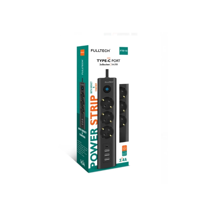 Termal Akım Korumalı Isıya Dayanıklı 3’lü Priz, 3 Usb, 1 Type-c Giriş Kablolu Priz