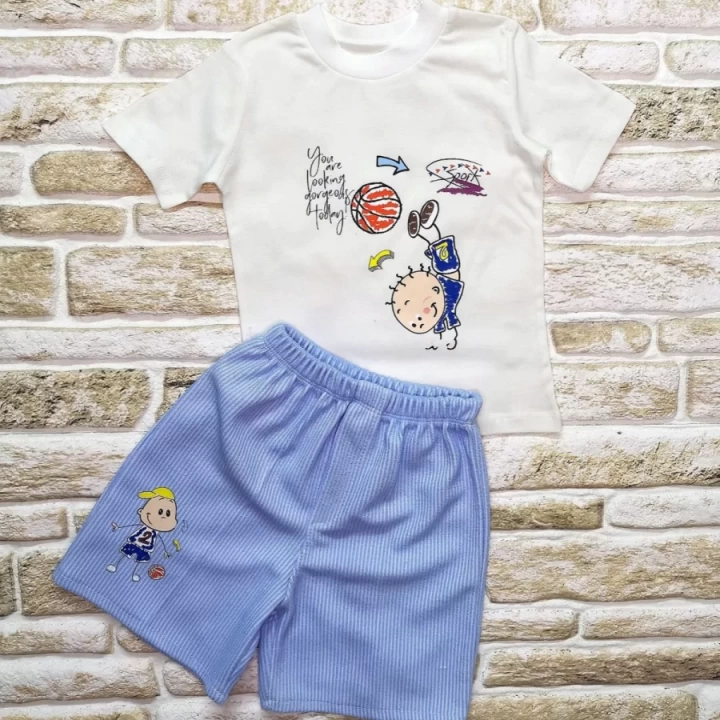 1-2-3 Yaş Topçu Erkek Çocuk Baskılı Şortlu Kısa Kollu Tişört 2li Erkek Bebek Takımı Beyaz