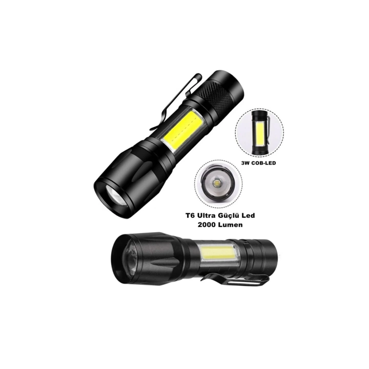 Ultra Çift Yönlü Güçlü Pilli Led El Feneri 2000 Lümen 6W Cob Led Su Geçirmez Zoomlu 3 Modlu